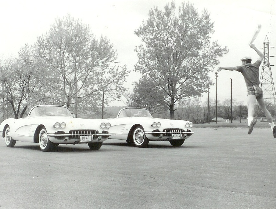 Author flagging-off two '59 Corvettes. The near Vette is driven by Jimmy Cohen - same character in Circa 1957